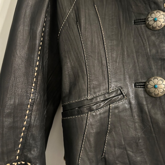 Tasha Polizzi Black Leather Jacket – Turquoise Concho Buttons, Paisley Lining -S - Picture 3 of 9